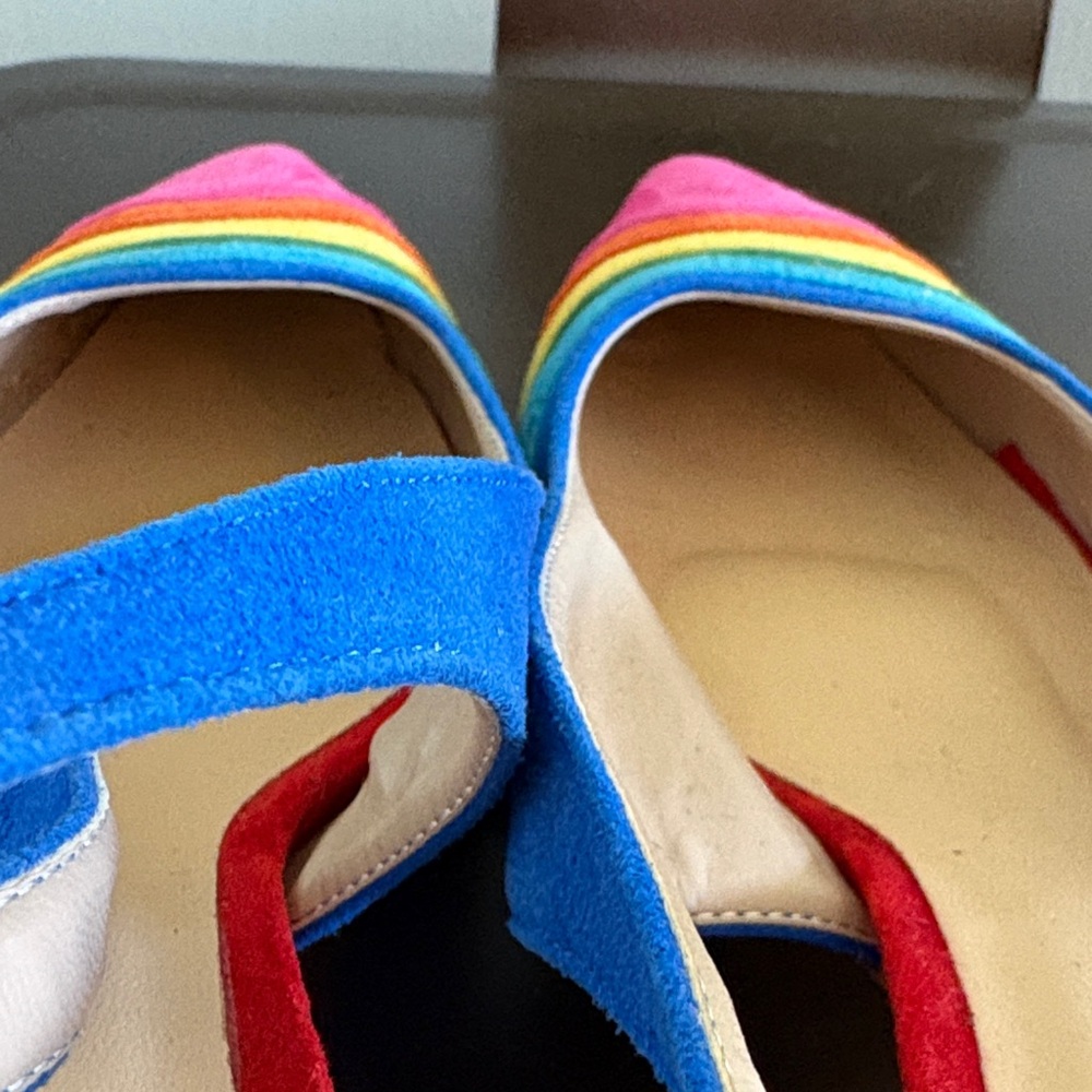 YDN Multicolor Suede Pointed Slingback Pumps - Blue, Pink, Green, Yellow - Picture 3 of 5